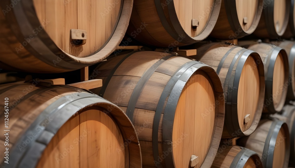 Wooden barrels stacked in a cellar, with metal hoops and wooden slats visible. The barrels appear to be used for aging wine or other alcoholic beverages Wooden barrels stacked in a cellar, with metal hoops and wooden slats visible. The barrels appear to be used for aging wine or other alcoholic beverages