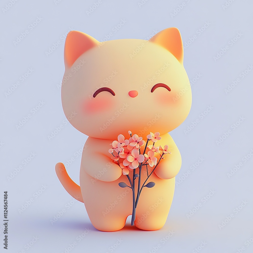 3d rendering of cartoon kitten holding bouquet of small flowers warm studio lighting cute and delicate style 3d rendering of cartoon kitten holding bouquet of small flowers warm studio lighting cute and delicate style