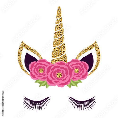 Unicorn horn with ears, eyelashes and flowers. Unicorn elements and roses for birthday party invitations, greeting cards, posters.