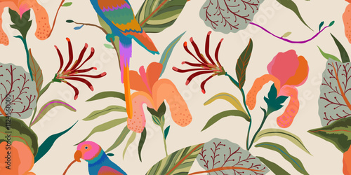 Elegant exotic hand drawn flowers pattern with parrot. Dynamic botanical print. Fashionable template for design. 