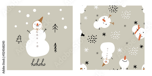 Cute snowman christmas seamless pattern scandinavian boho style with cute character cartoon nursery toddler style. Fabric wallpaper background