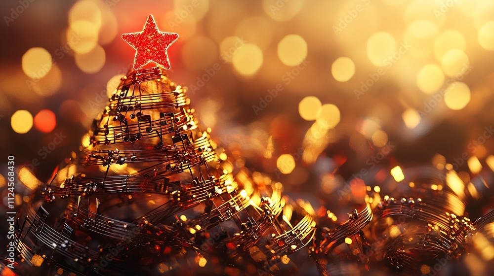 Golden music notes forming a Christmas tree with a red star on top against a bokeh background. Golden music notes forming a Christmas tree with a red star on top against a bokeh background.