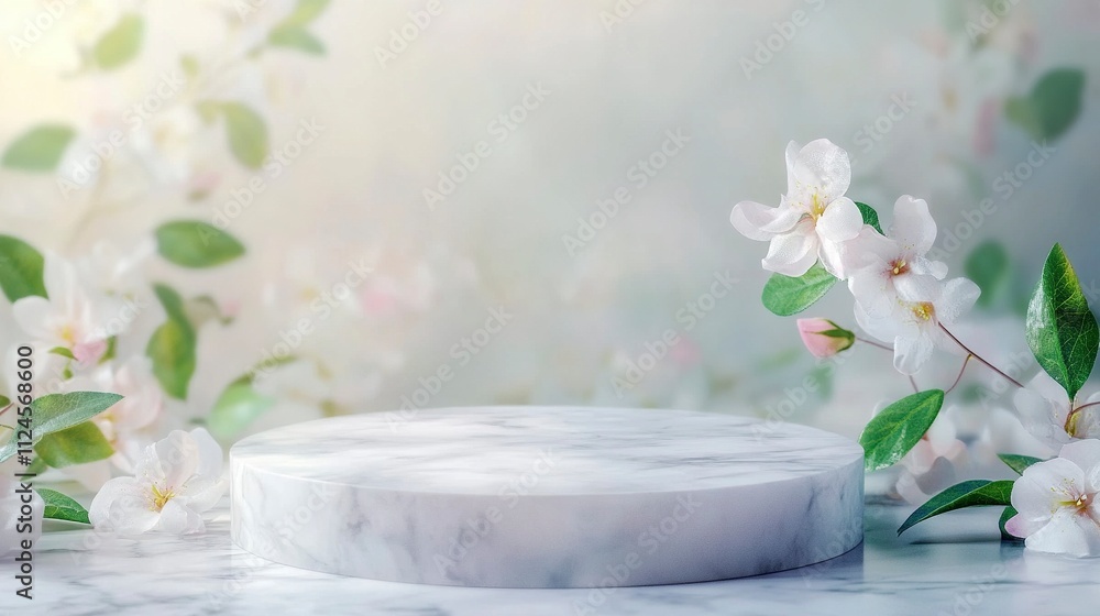 Empty light marble stone podium stand for cosmetics and product display on abstract pastel background with flowers and green leaves. Empty light marble stone podium stand for cosmetics and product display on abstract pastel background with flowers and green leaves.