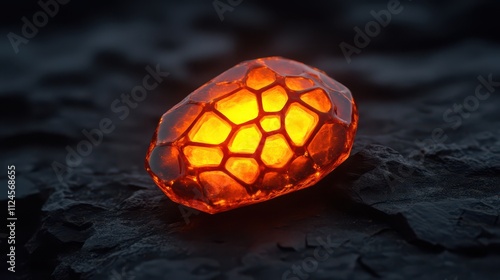 A glowing, amber gemstone with an intricate pattern sits atop a dark surface, radiating warmth and beauty in a mystical setting. photo