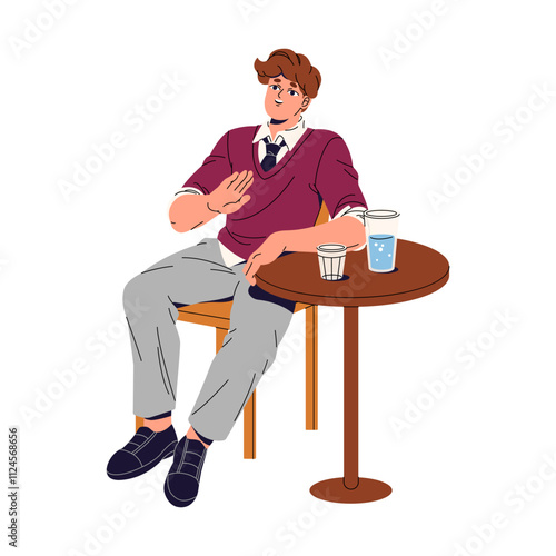 Happy boy sits at the table with glass of water. Young man with tie relaxes on chair, talk. Person on seat speaks and gesturing with hand. Flat isolated vector illustration on white background