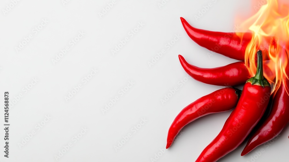 A close up of a red pepper with a flame on it. The peppers are arranged in a row and are surrounded by a white background. Concept of heat and intensity A close up of a red pepper with a flame on it. The peppers are arranged in a row and are surrounded by a white background. Concept of heat and intensity