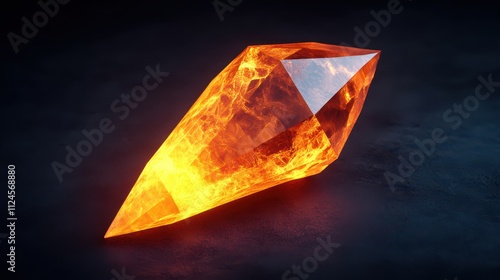 A glowing orange crystal with fiery textures, set against a dark background, showcasing its vibrant colors and sharp facets.