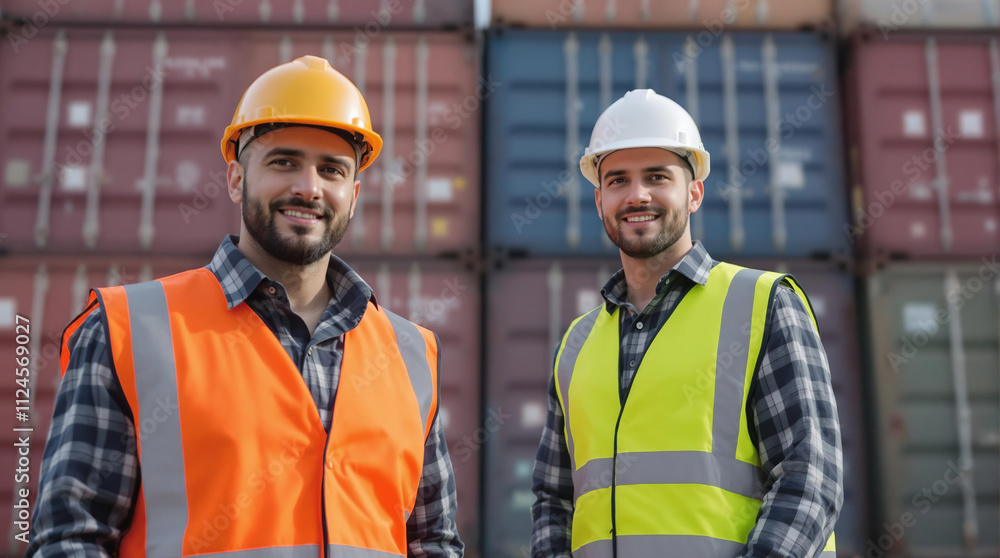 Port Authority Professionals: Two confident and skilled workers in bright safety vests and hardhats stand proudly in front of a stack of shipping containers. Port Authority Professionals: Two confident and skilled workers in bright safety vests and hardhats stand proudly in front of a stack of shipping containers.