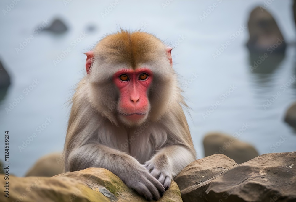 Naklejka premium A close-up of a middle-aged Japanese macaque monkey with a red face sitting on a rock