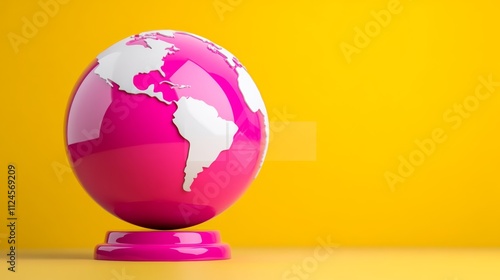 A pink globe sits on a yellow background. The globe is the center of attention and the yellow background serves as a contrasting color to make the globe stand out