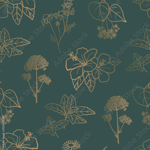 Gradient herbal tea plants seamless pattern. Hand drawn hibiscus, chamomile, valerian, mint, linden elements on dark green background