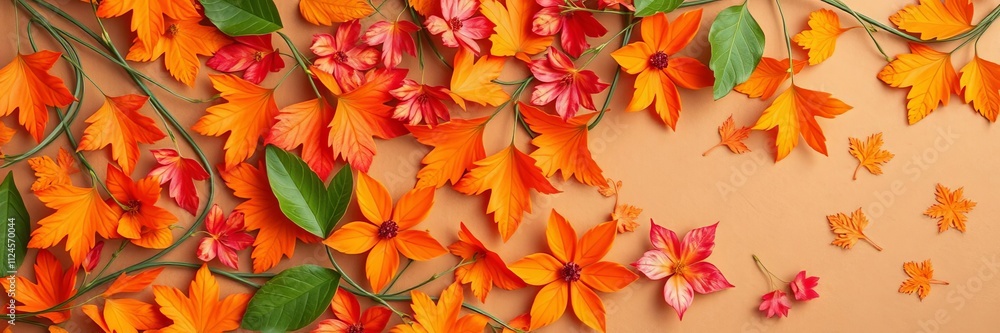 Vibrant orange background adorned with paper cut flowers and leaves, background, crafts Vibrant orange background adorned with paper cut flowers and leaves, background, crafts