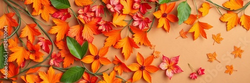 Vibrant orange background adorned with paper cut flowers and leaves, background, crafts