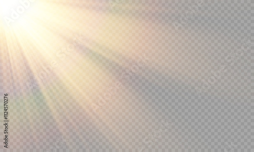 Vector transparent sunlight with lens flare effect. Overlays, overlay, light, Sun, sunrays, overlays, light transitions, lens flare, light leaks and glare in PNG format. Sunlight flare light effect.	
