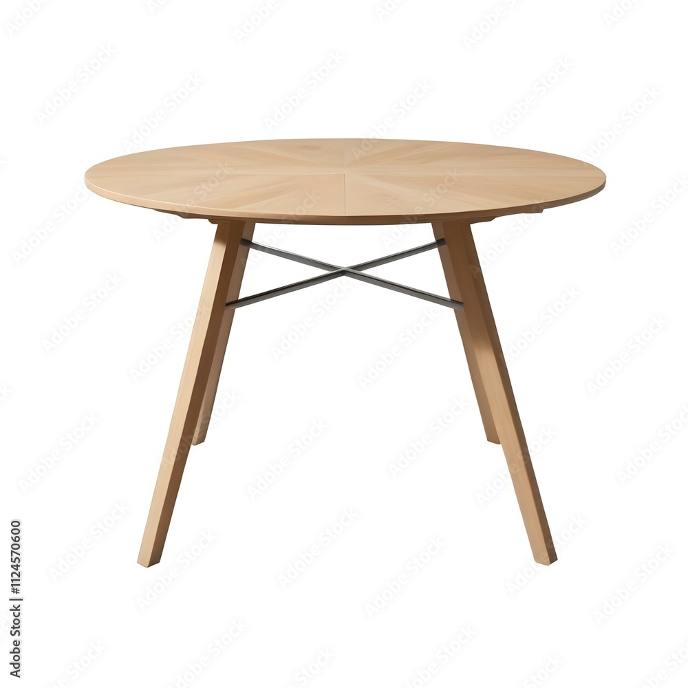 A round wooden dining table with a simple, minimalist design. The table has a light-colored wood top and tapered wooden legs connected by a metal X-shaped base A round wooden dining table with a simple, minimalist design. The table has a light-colored wood top and tapered wooden legs connected by a metal X-shaped base