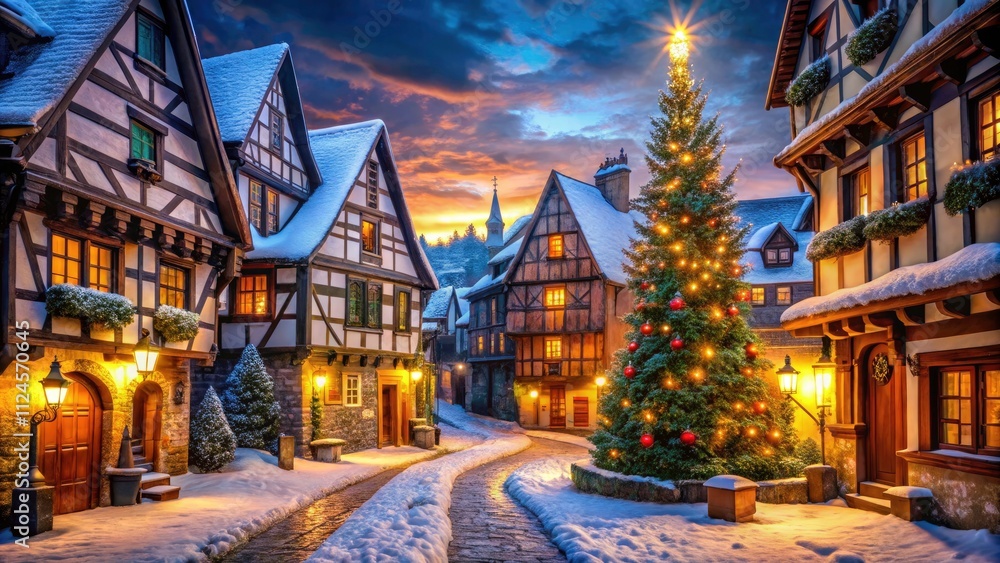 Naklejka premium Christmas in Medieval Town: Winter Chalet Street Scene Night Portrait