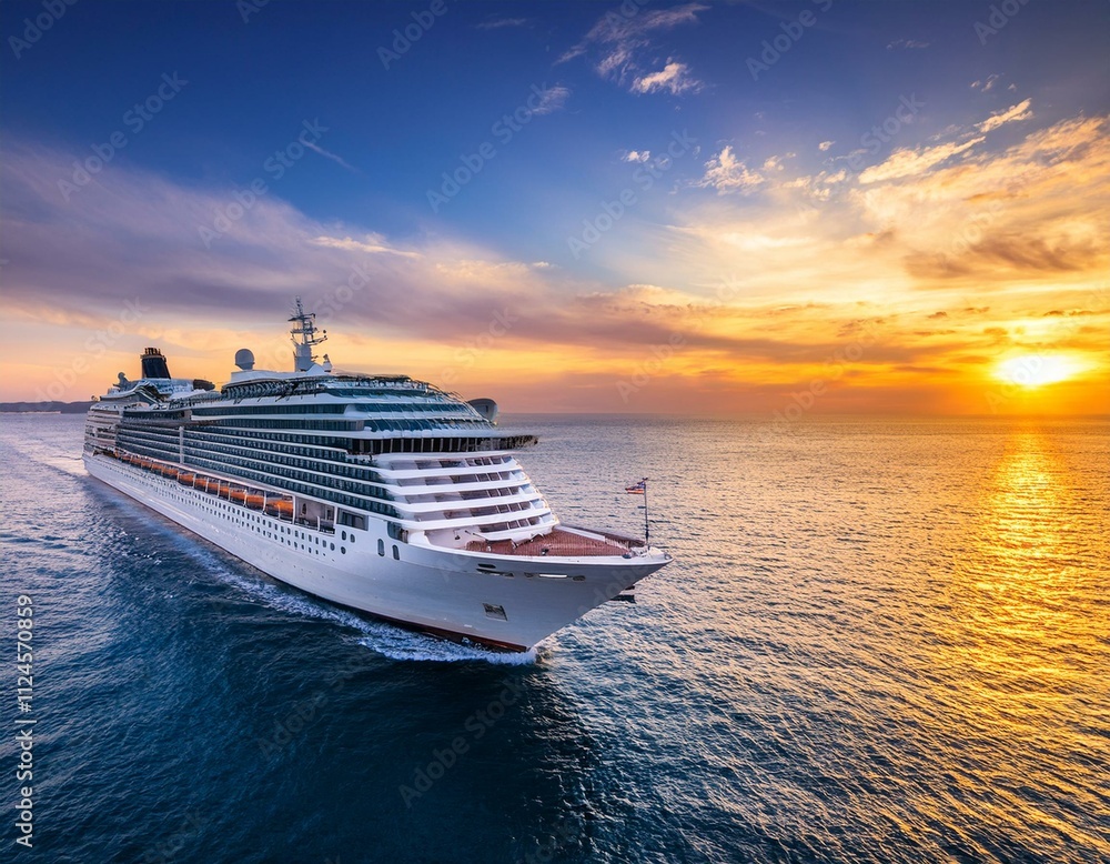 A luxurious cruise ship sails through calm ocean waters under a vibrant sunset sky, perfect for travel promotions and scenic lifestyle visuals. A luxurious cruise ship sails through calm ocean waters under a vibrant sunset sky, perfect for travel promotions and scenic lifestyle visuals.