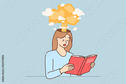 Surprise and shock is felt by woman with exploding head and reading book, learning unexpected facts