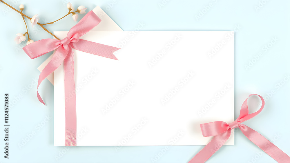 Blank card and envelope mockup with pink ribbon. Sample template for wedding invitation or birthday card. Blank card and envelope mockup with pink ribbon. Sample template for wedding invitation or birthday card.
