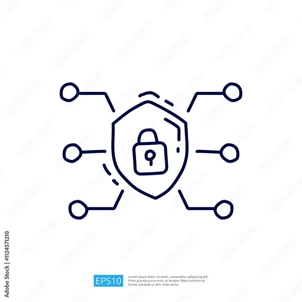 An illustration of a shield with a padlock at its center, connected by lines to various nodes, symbolizing cybersecurity and data protection. An illustration of a shield with a padlock at its center, connected by lines to various nodes, symbolizing cybersecurity and data protection.