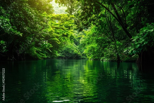 A calm river winds through a vibrant green forest, reflecting the foliage above as sunlight gently filters through the trees, creating a peaceful atmosphere.