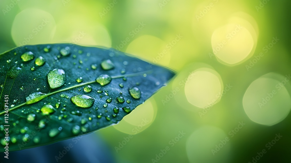 Fototapeta premium A close-up of water droplets on a leaf, with blurred green and blue background, large empty space around the edges