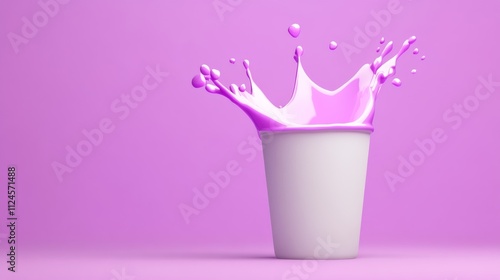 A vibrant illustration of a pink milk splash with a glass of milk surrounded by decorative flowers and spring elements