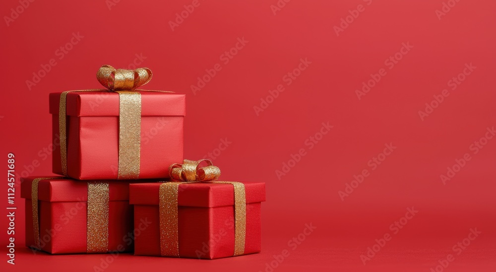 Obraz premium Decorations for Spring Festival concept. Three beautifully wrapped red gift boxes with gold ribbons against a solid red background, perfect for festive occasions.