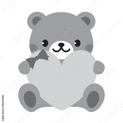 ハートを持ったクマのイラストフレームA　モノクロ　ベタ　バレンタイン　母の日　テディベア