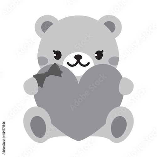 ハートを持ったクマのイラストフレームB　モノクロ　ベタ　バレンタイン　母の日　テディベア