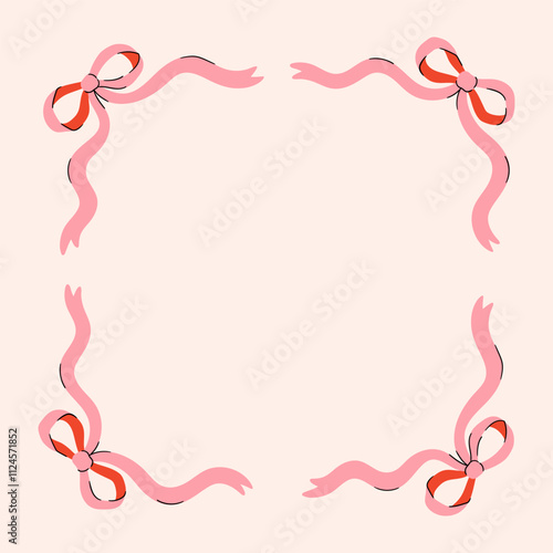 Frame of coquette pink bows and ribbons. Hand drawn trendy ribbons border. Vintage bowknots frame for greeting cards, wedding, invitations