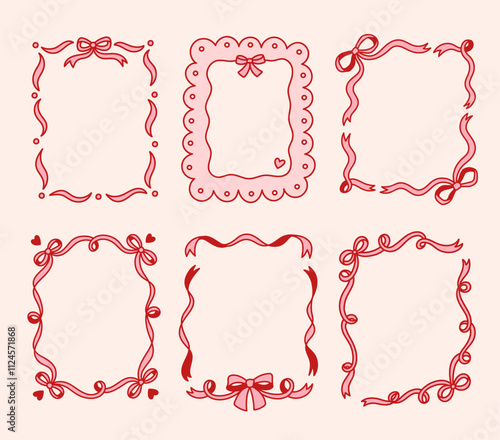 Set of frames with coquette pretty charming bows and ribbons. Hand drawn trendy borders. Vintage elements for greeting cards, wedding, invitations, social media