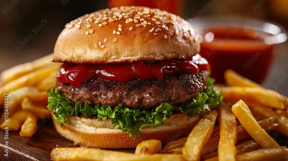 Juicy Beef Burger with Sesame Seed Bun and Fries Juicy Beef Burger with Sesame Seed Bun and Fries