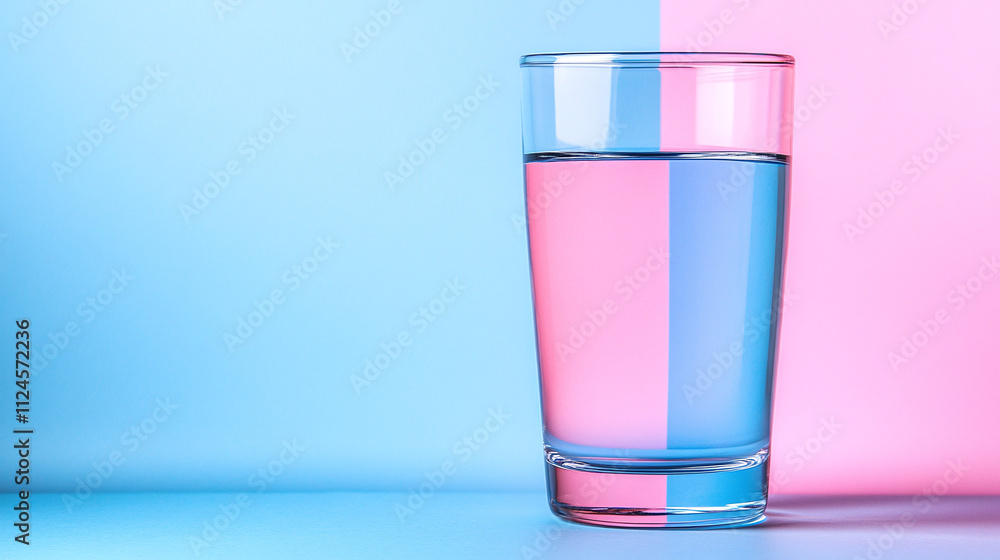 Minimalist glass of water isolated on a blue and pink background. Minimalist glass of water isolated on a blue and pink background.