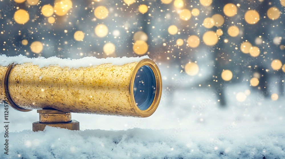 Snowy Winter Landscape Viewed Through Brass Telescope Snowy Winter Landscape Viewed Through Brass Telescope