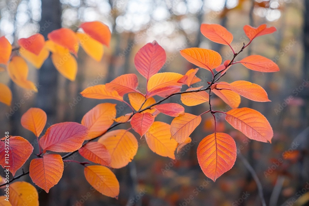 Colorful autumn leaves on a branch in a serene forest setting. Generative AI Colorful autumn leaves on a branch in a serene forest setting. Generative AI