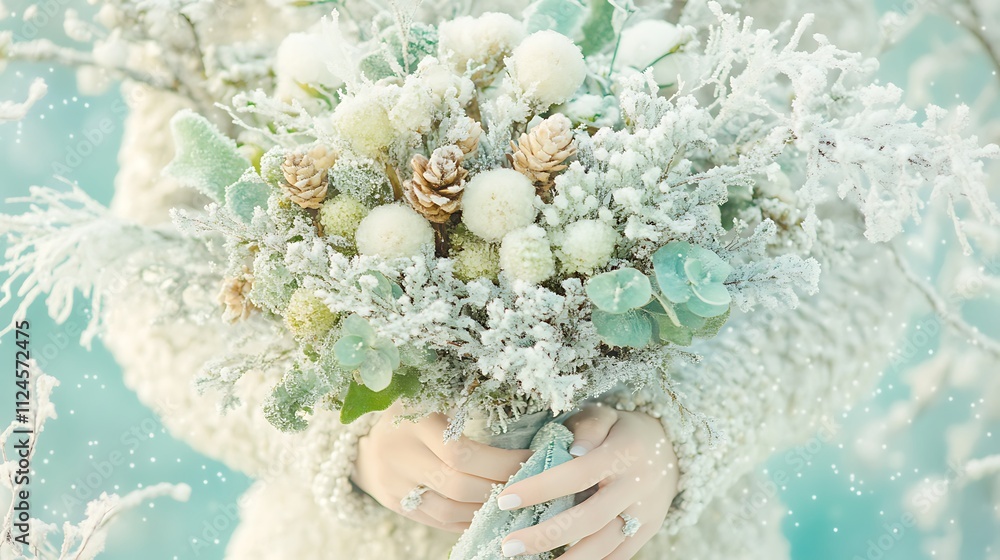 Fototapeta premium Snow Covered Winter Bouquet Held In Hands