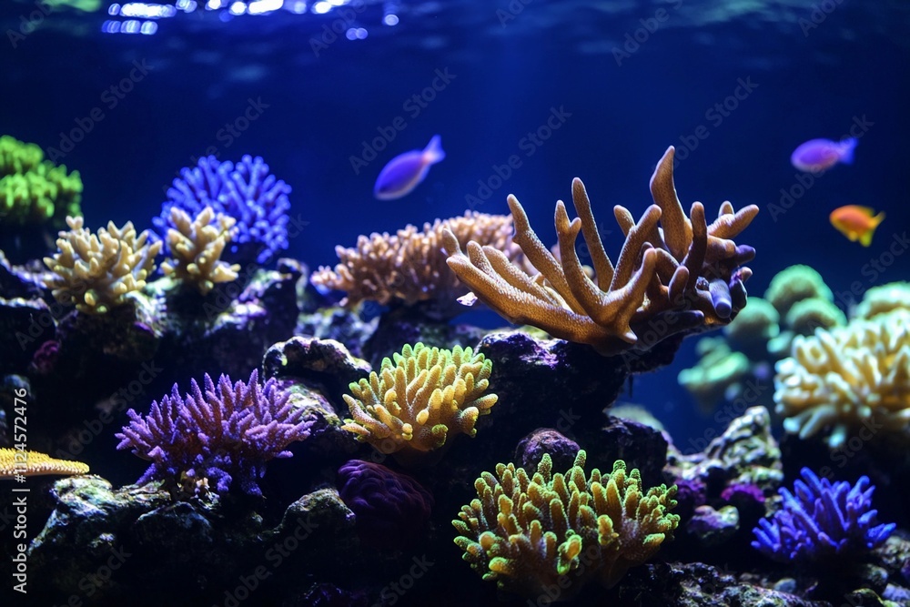 Fototapeta premium Colorful coral reef with various fish swimming in a marine habitat. Generative AI