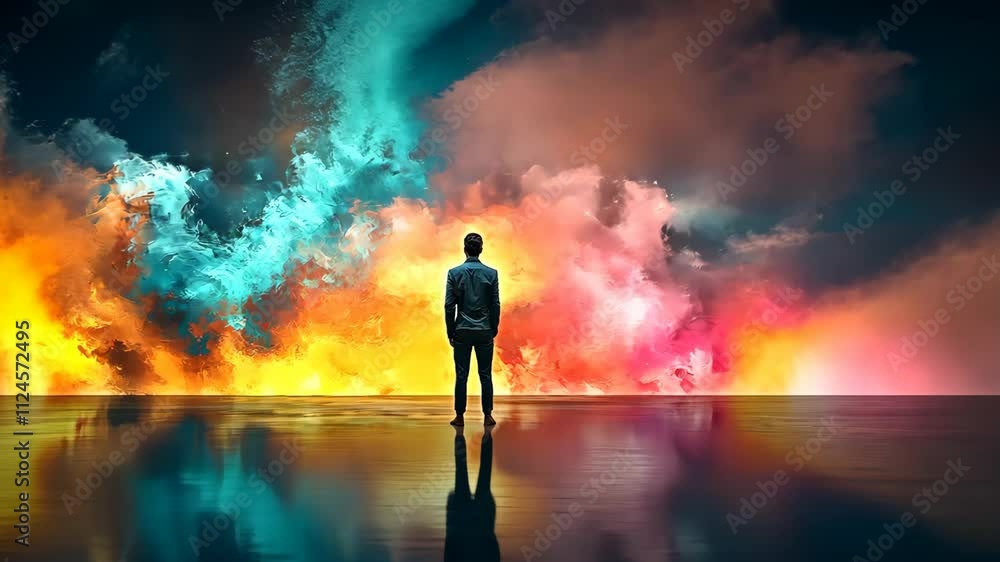 Man Silhouetted Against Vibrant Colorful Sky Reflection Man Silhouetted Against Vibrant Colorful Sky Reflection