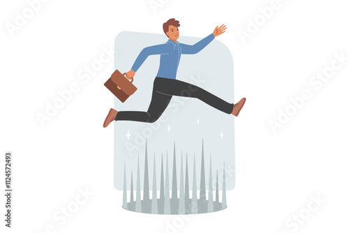 Challenge for business man jumping over dangerous obstacle on path to success and career growth. Man manager over trap with sharp spikes, symbolizing challenge for professional from corporate company