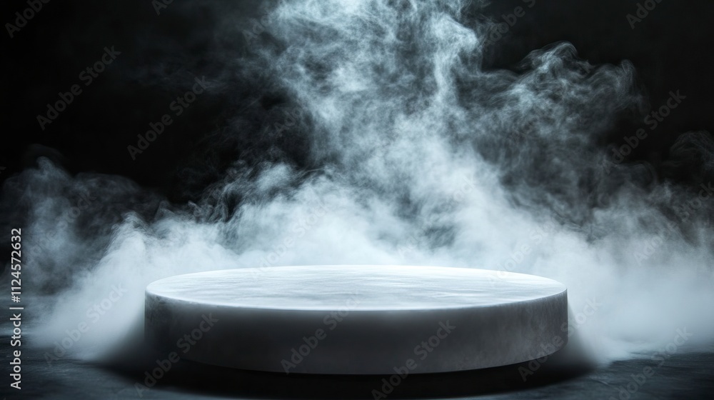 Empty Round platform emerging from a mysterious dry ice smoke on a black background, creating an ideal setting for product showcasing. Empty Round platform emerging from a mysterious dry ice smoke on a black background, creating an ideal setting for product showcasing.