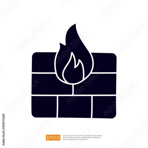 The image depicts a stylized icon of a brick wall with a flame, symbolizing fire safety or heating systems.