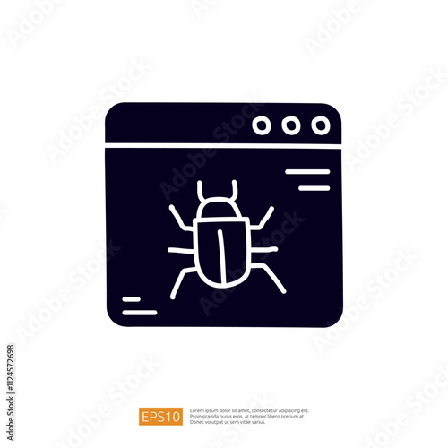 The image depicts a computer window with a beetle icon, symbolizing software bugs or issues. It represents technology and debugging in software development.