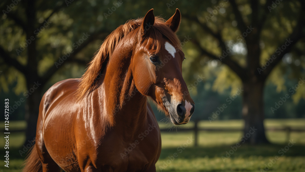 Obraz premium A horse stands gracefully in a lush green field, surrounded by vibrant grass under a clear blue sky.