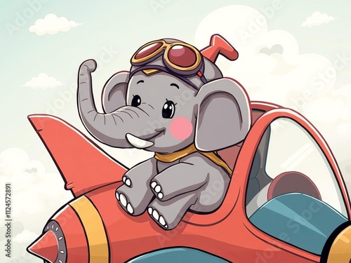 Vector illustration of adorable baby elephant flying on airplane, travel, clouds photo