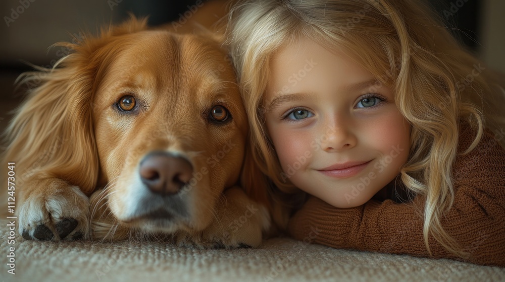 Child and Dog Cuddling on Soft Carpet in Cozy Warm Interior