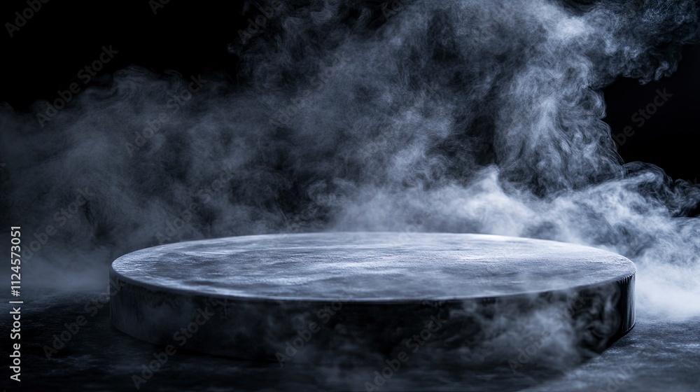 Empty Round platform emerging from a mysterious dry ice smoke on a black background, creating an ideal setting for product showcasing. Empty Round platform emerging from a mysterious dry ice smoke on a black background, creating an ideal setting for product showcasing.