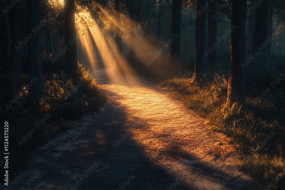 Naklejka premium Golden sunlight filtering through trees along a quiet forest path at sunset. Generative AI