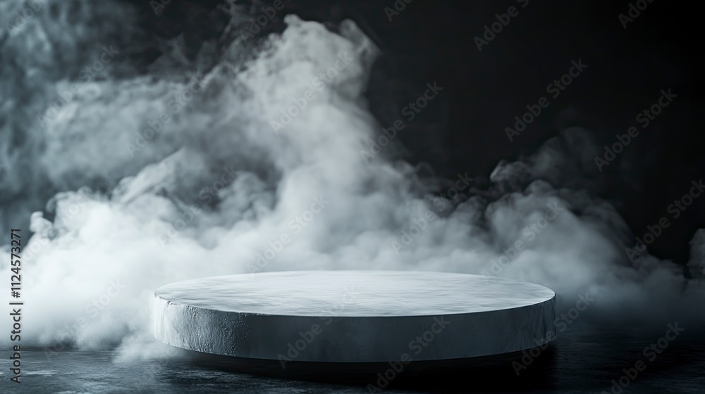 Empty Round platform emerging from a mysterious dry ice smoke on a black background, creating an ideal setting for product showcasing. Empty Round platform emerging from a mysterious dry ice smoke on a black background, creating an ideal setting for product showcasing.