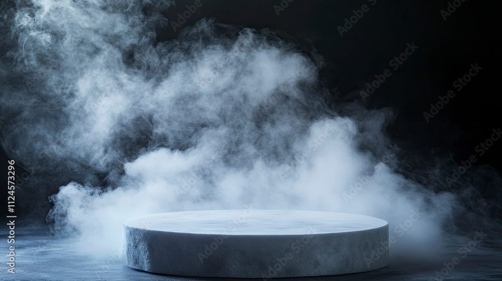 Empty Round platform emerging from a mysterious dry ice smoke on a black background, creating an ideal setting for product showcasing. Empty Round platform emerging from a mysterious dry ice smoke on a black background, creating an ideal setting for product showcasing.